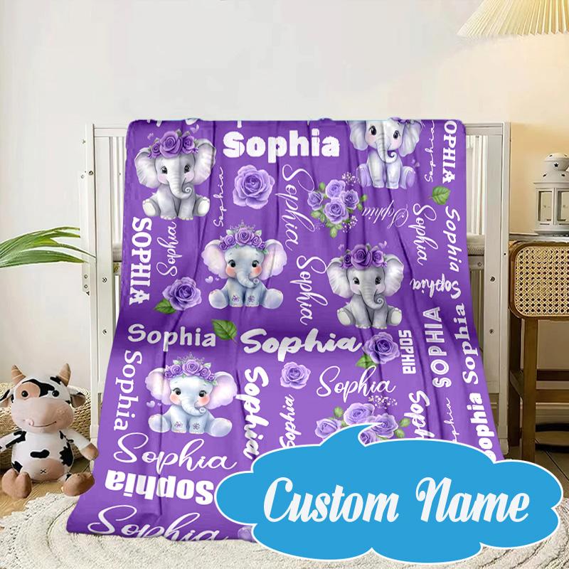 Custom Name Purple Elephant Blanket bed sofa Blanket Flannel Blanket for Camping, Hiking, Picnic Essentials,gift for Fan family