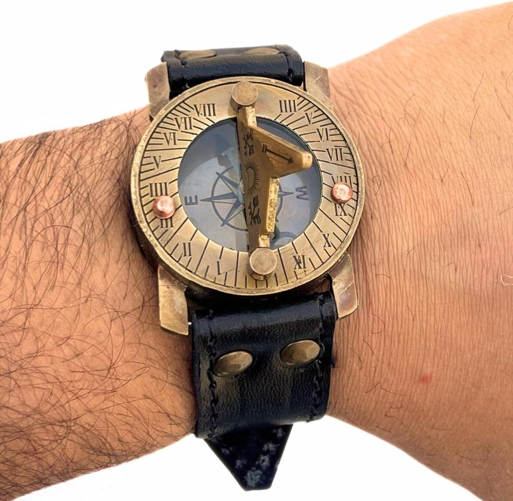Sundial Wrist Watch Brass Compass & Leather Straps Nautical Steampunk Handmade