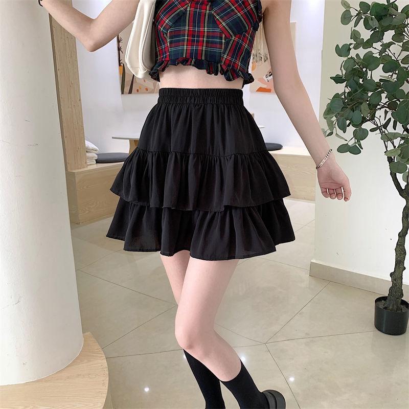 Sommer Geschichteten Kuchen Mini Rock Frauen Doppel Schicht Rüschen Y2K Kurze Röcke Frau Einfarbig Hohe Taille Rock Weibliche