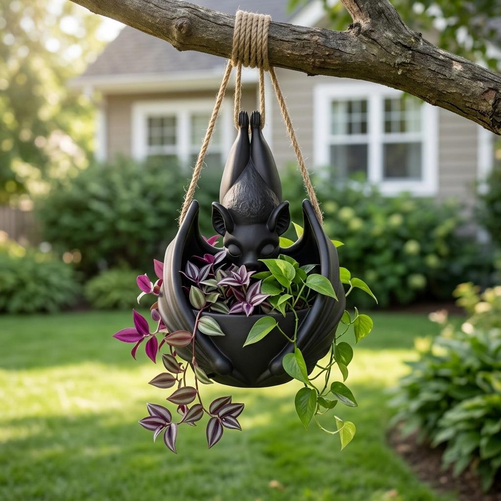 Halloween Hanging Bat Flower Pot with Rope 12CM 15CM 21CM Plant Holder Decorative Planter for Indoor Outdoor Home Garden Patio