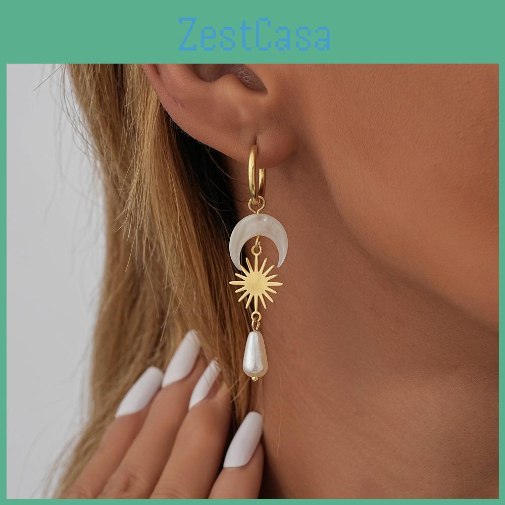 Plated Sophisticated Gold Moon Teardrop Earrings With Shell Natural