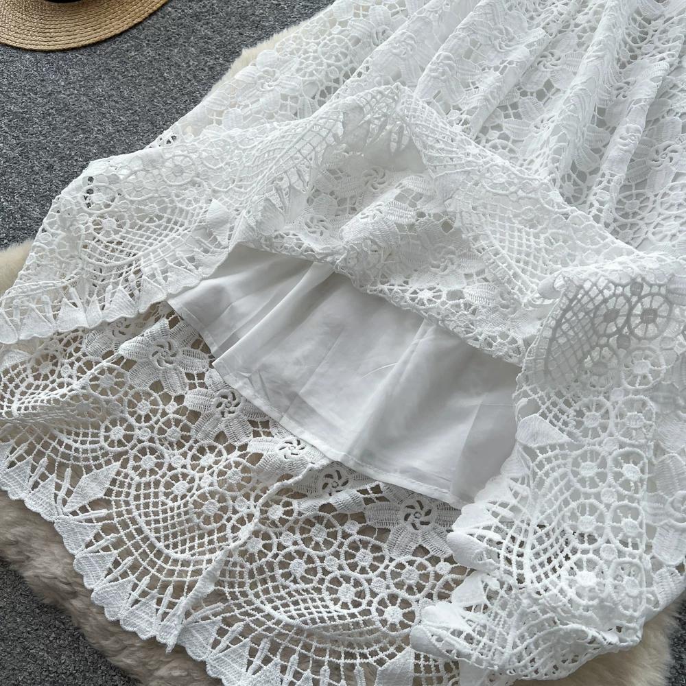 Abito Midi Elegante da Donna con Ricami in Pizzo, Manica Corta, Vita Alta, Linea ad A, Estivo, Casual, da Festa, per Matrimonio, da Vacanza, da Spiaggia