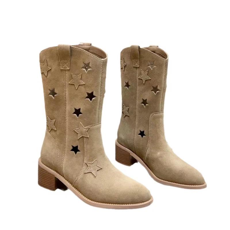 Trendy Women's Boots 2024 Autumn New Retro Hollow Breathable Pointed Suede Versatile Western Women's Boots Zapatos De Mujer