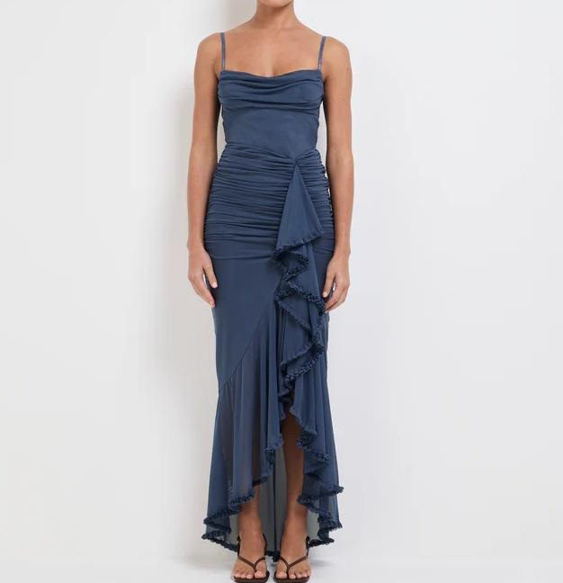 New cross-border European and American Internet celebrity mesh suspender pleated evening dress pleated lace elegant tulle skirt European and American S