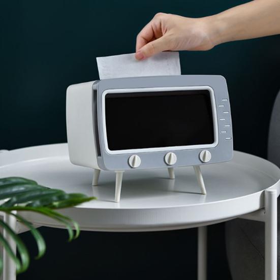 Tissue Box Holder Retro TV Shaped Tissue Case with Cell Phone Holder Multi-Functional Toilet Paper Napkin Dispenser for Room Bedroom Bathroom Dining