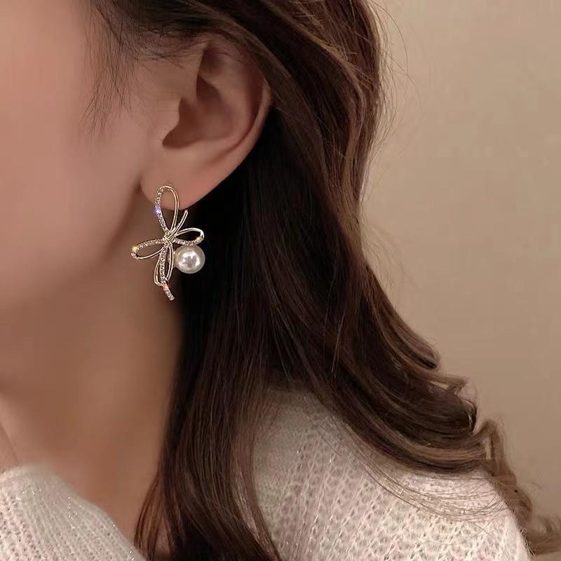 Korean Design Bow Pearl Earrings, S925 Silver Needles, with Rhinestone Inlays