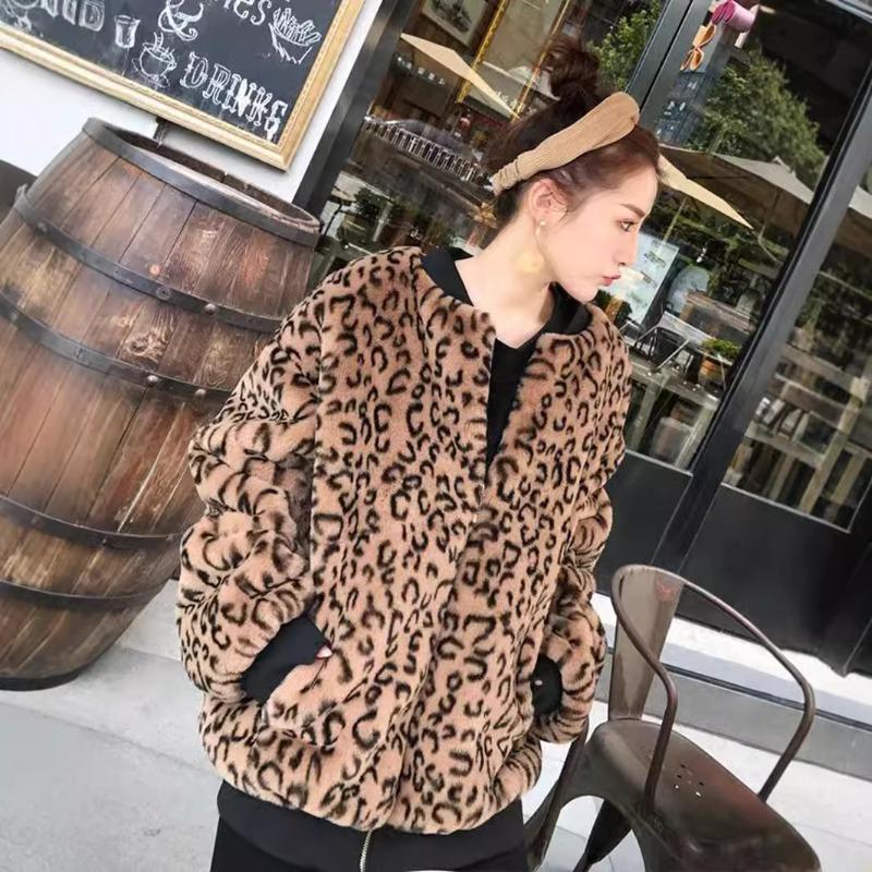 Autumn and Winter Leopard Print Jacket Rabbit Fur Jacket Fashion Baseball Jersey Threaded Women's Clothing Medium and Long Zipper Fur Clothes