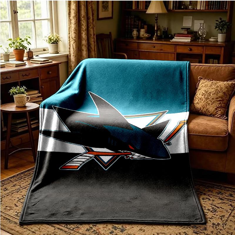 San-Jose Sharks Hockey Throws Blanket Flannel Blankets Plush for Couch Bed Gifts for Men Women Travel Picnic Blanket Christmas Fan Gifts