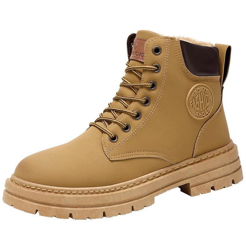 Winter new rhubarb boots men's labor insurance shoes versatile Martin leather boots velvet warm platform casual shoes