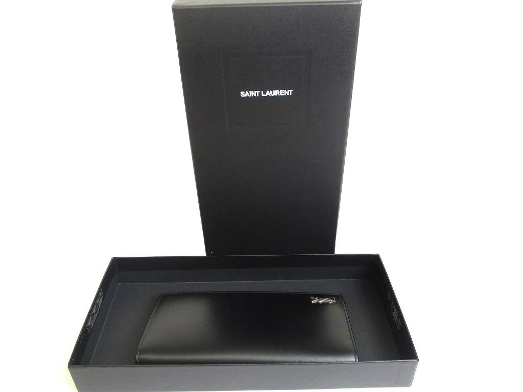Authentic Saint Laurent Silver YSL Motif Black Leather Long Flap Wallet #a848  Open box