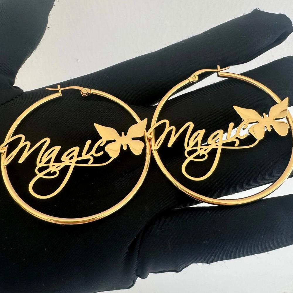 Fashionable Personalized Name Earrings Stainless Steel Customized  Large Hoop Butterfly Earrings Christmas Birthday Gift