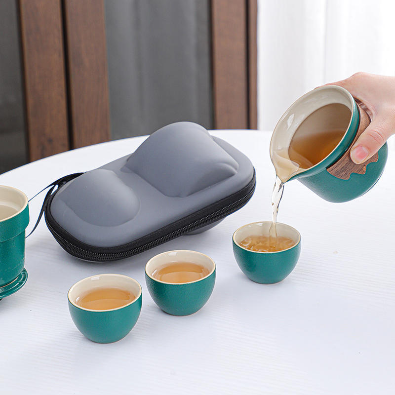 Travel tea set, portable small bag, black pottery, easy to carry outdoors, a pot of three cups of express cup
