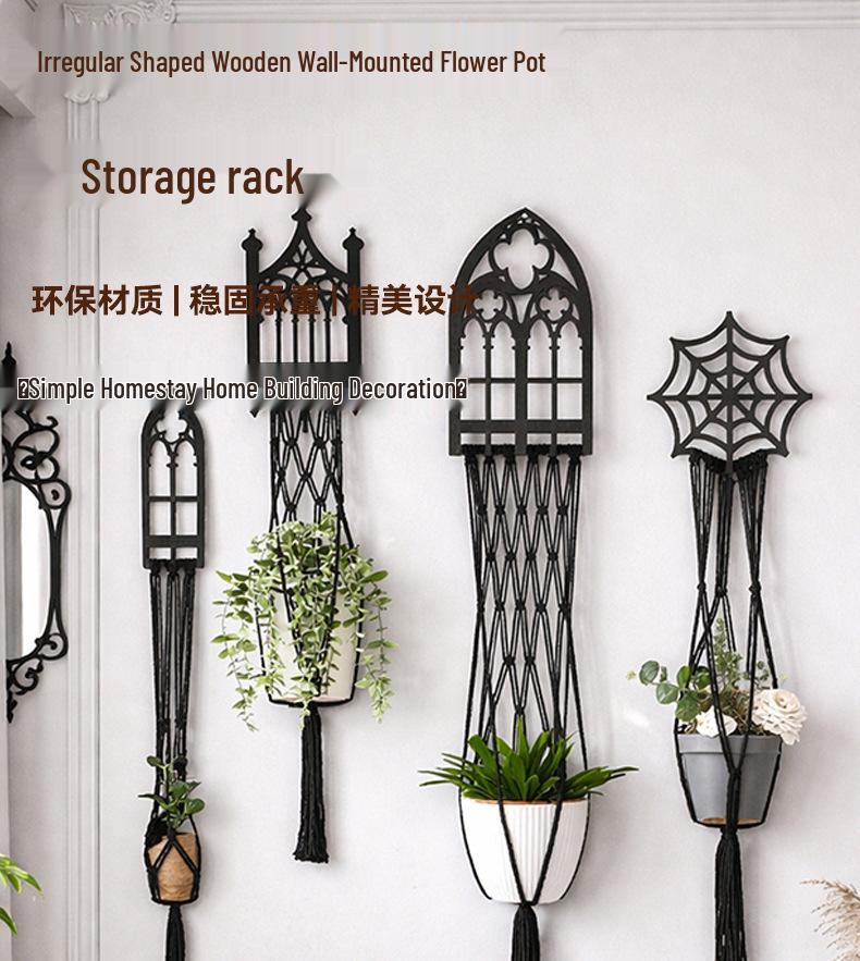 Bohemian Gothic Wooden Handwoven Flower Pot Wall Hanging Basket for Simple Home Decor