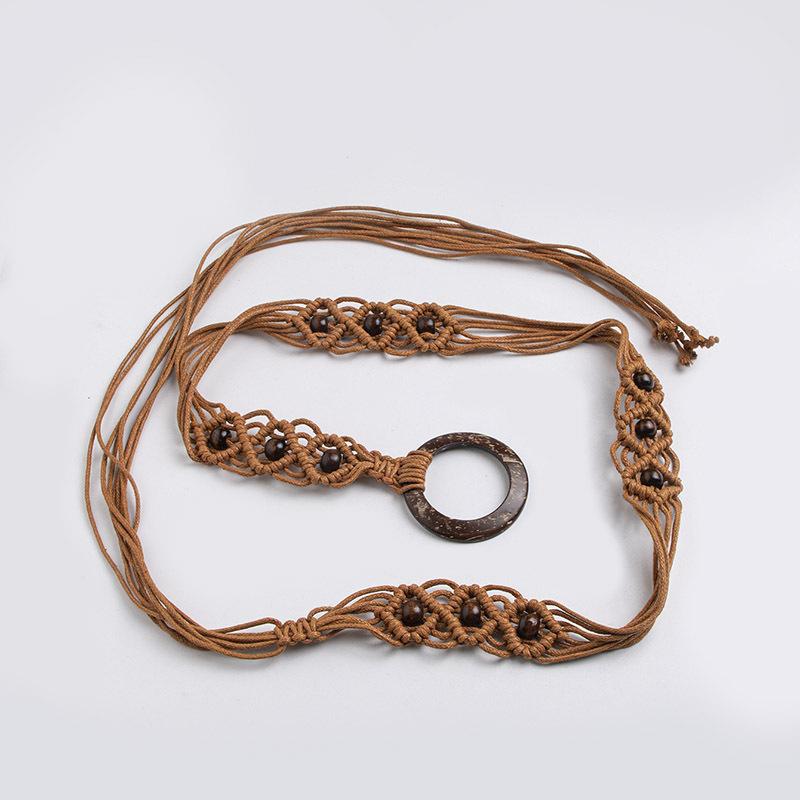 Boho Style Wax Rope Weaving Knotted Ethnic Style Handmade Wooden Beads Women's Belt Leisure Vacation Style Exquisite Waist Rope