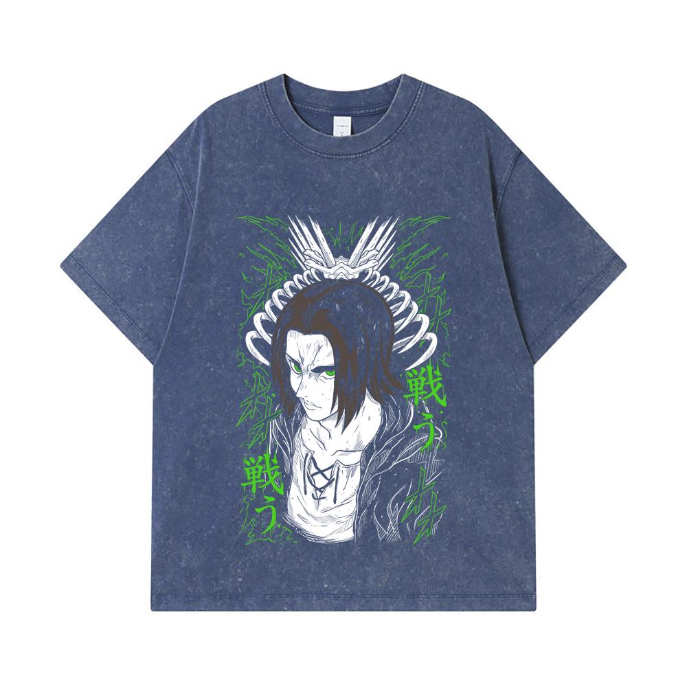 

275 GSM Washed T-shirts 100% Cotton Attack on Titan V1 Eren Print Unisex Heavy Cotton T Shirt 2XL