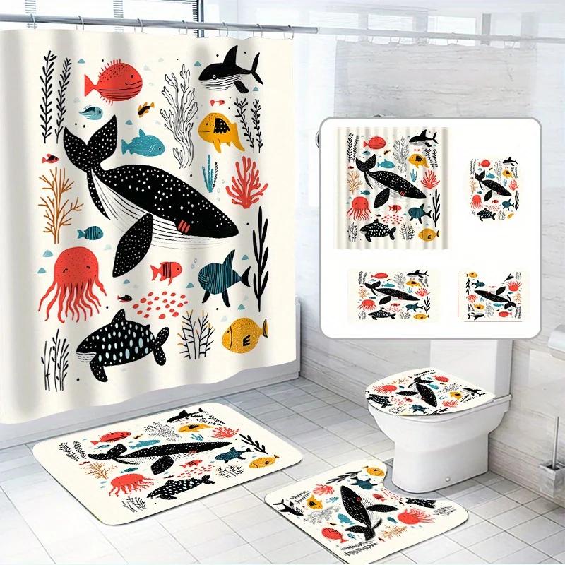 4 Stück, Cartoon Kleiner Fisch Duschvorhang Set, Verschiedene Kleine Fische, mit 12 Haken, Polyester Stoff, mit Badezimmer Anti-Rutsch
