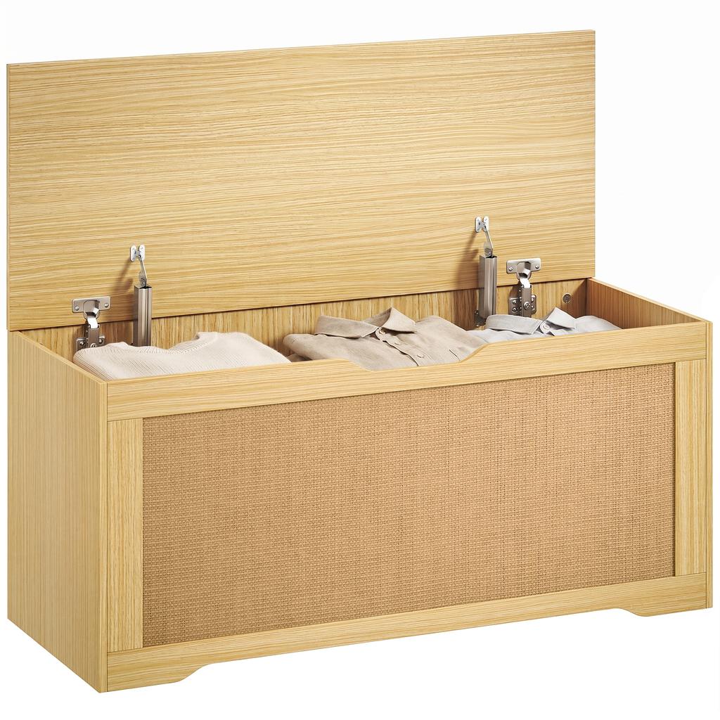 Rattan Storage Chest, 136 L, Storage Bench, Lift-Up Lid, 2 Safety Hinges, Oak