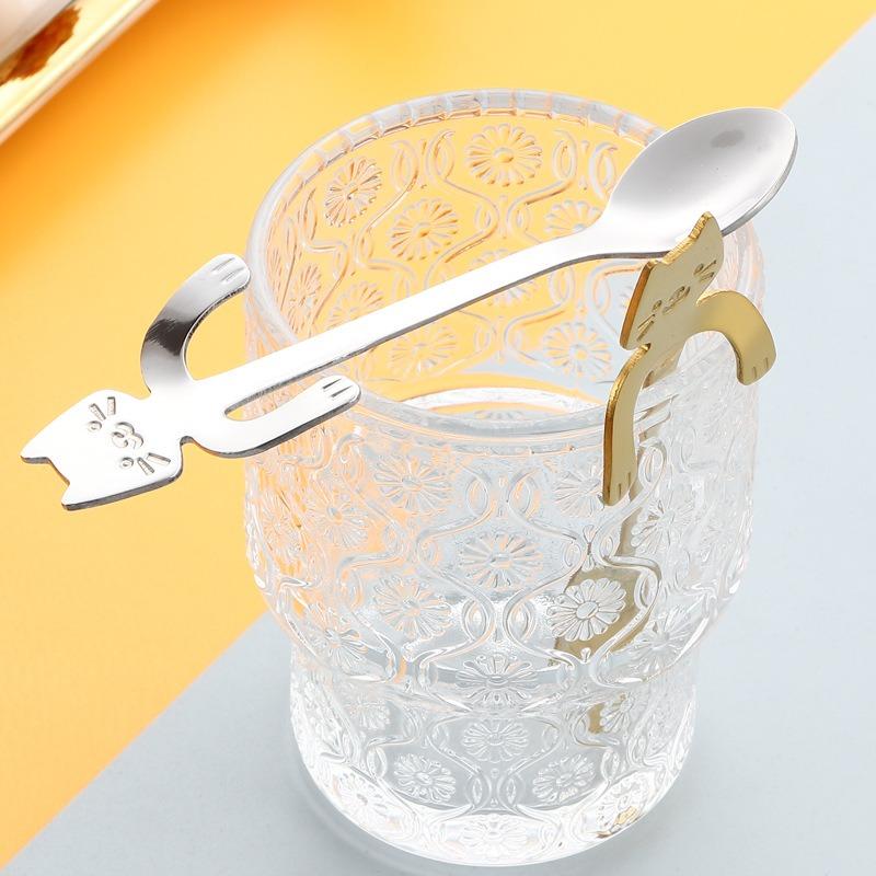 304 Stainless Steel Cat Spoon Creative Cartoon Cute Design Coffee Mixing Dessert Spoon Hanging Cup Spoon Durable Rustproof
