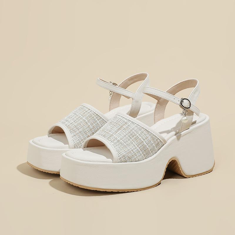 Sandals Women's Slope Heel Small Man Thick Sole Height Increase 7cm One-word Buckle Belt Summer Women's Shoes Celebrity Wind Waterproof Table Open Toe