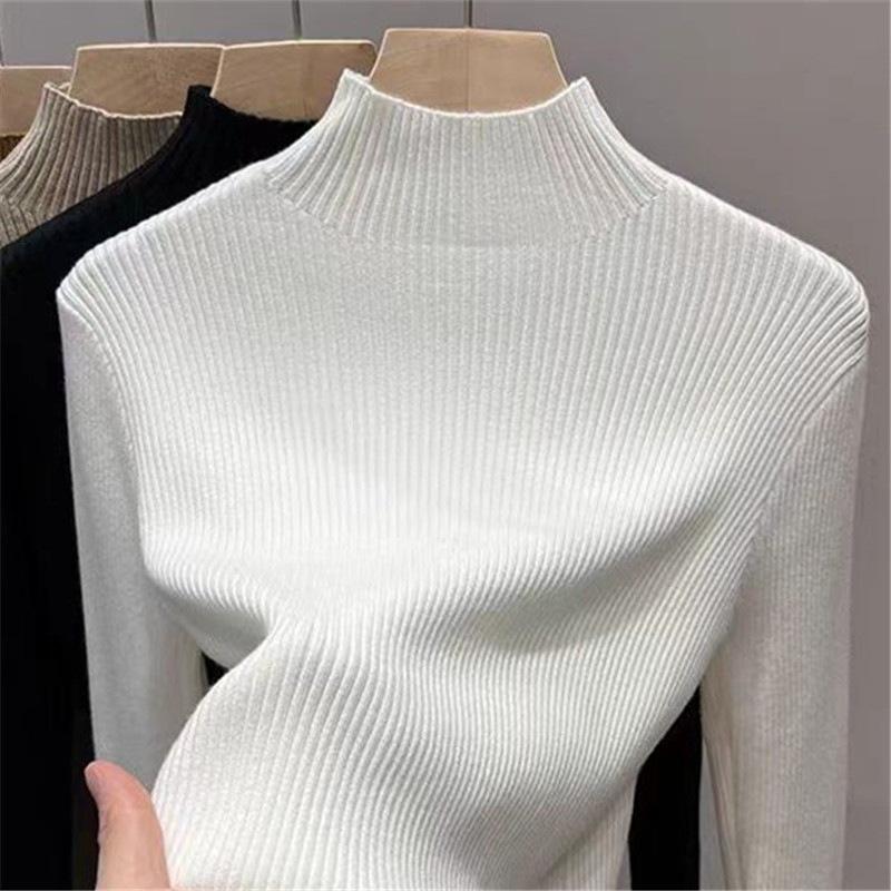 Damen Winter Strickpullover mit Samtfutter - Halber Rollkragen, Einfarbig, Warmes Innenoberteil