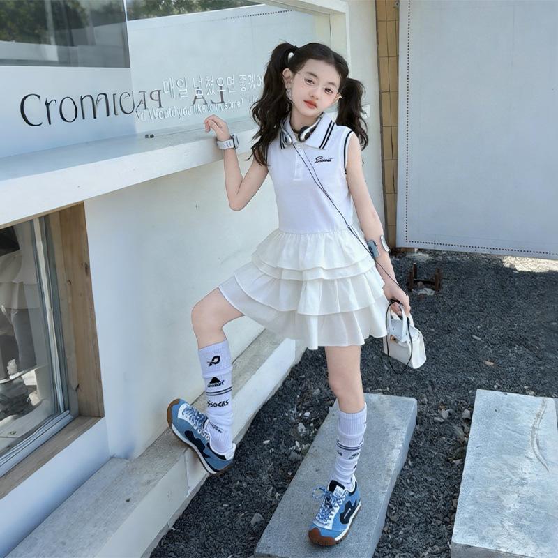 Girls  Sleeveless Summer Polo Dress: Sweet Patchwork Cake Skirt, Elegant Princess Style 150 cm