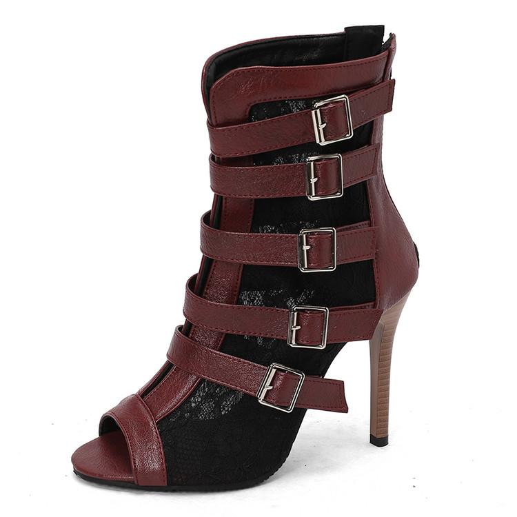 Belt Buckle Women Sandals Boots Lace Patchwork Peep Toe Summer Women High Heels Shoes Fashion Sandals 10.5cm Women Pumps WSH5258