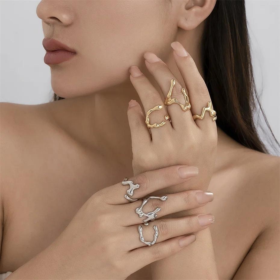 3Pcs Unique Irregular Smooth Rings Set Women Vintage Geometric Gold Color Lava Open Ring Couple Wed Accessories Gift