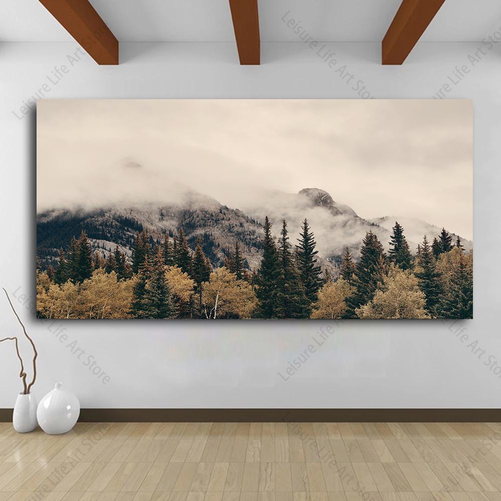 Modern Misty Forest Mountain Wall Art Canvas Painting Natural Landscape Pictures Posters Pine Forest Wall Art Living Room Decor