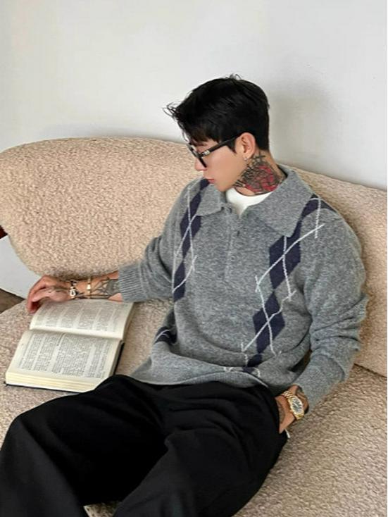 Hochwertiger Strickpullover mit Rautenmuster: Leiser Luxus, Lässiger Entspannter Stil mit Mehreren Knöpfen