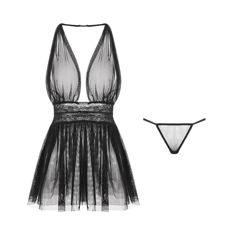 Women's Sheer Double Layer Mesh Halter Deep V Backless Sleep Dress Lounge Set