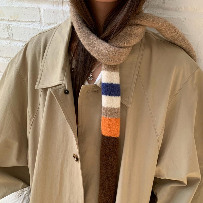 Gestreifter Farbpassender Retro Gestrickter Wollschal Schmaler Langer Schal für Damen Frühling