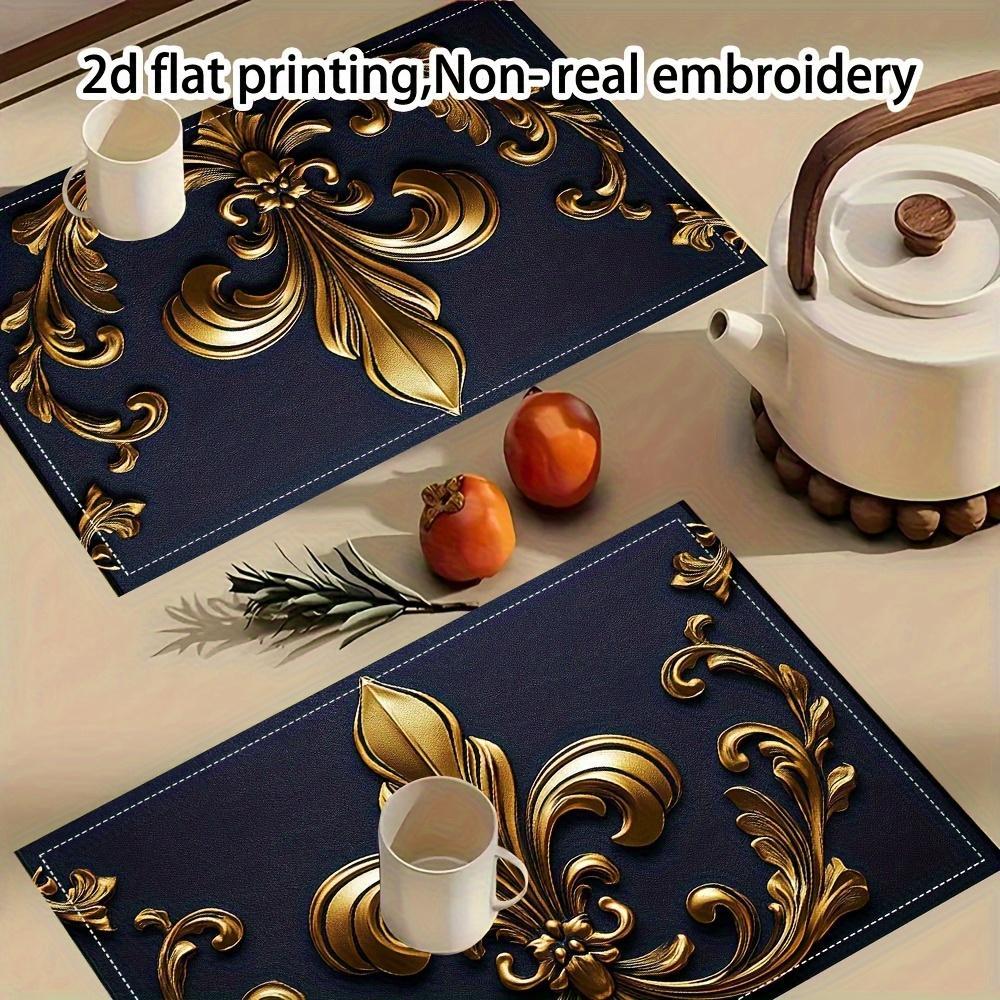 of 4, Elegant Floral Design Placemats in Golden And Dark Blue, Perfect for Dining Tables, Kitchens, Parties, And Festive Occasions, Measuring 12 by 18