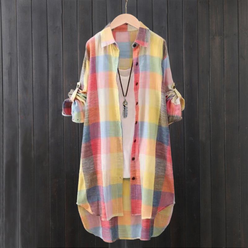 Women's Plaid Long Sleeve Sun Protection Shirt – Loose, Plus Size, Cotton Linen Jacket