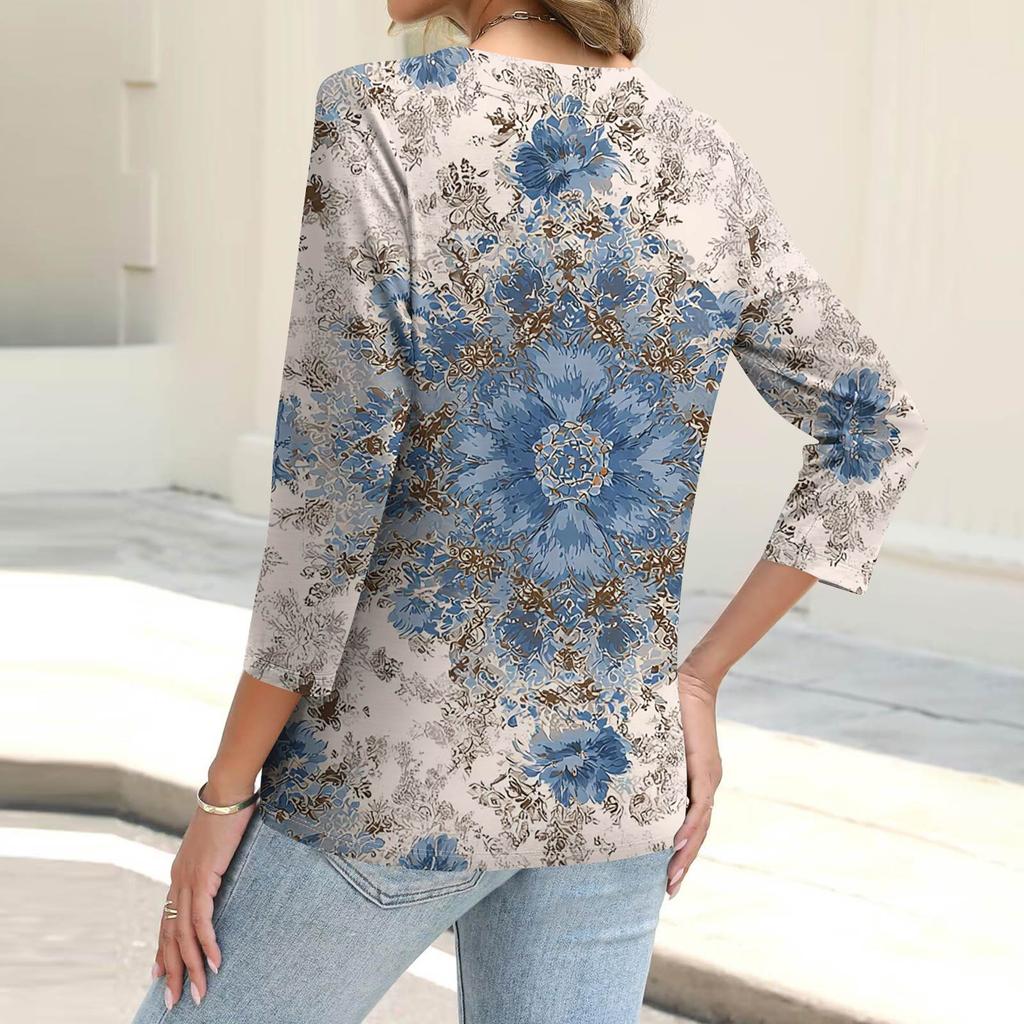 Damenmode Lässiges bedrucktes Button-Down-Hemd 3/4 lange Ärmel Oberteile