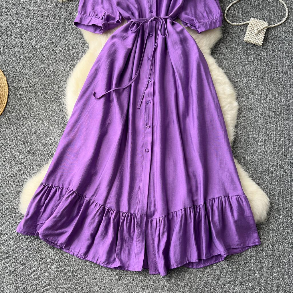 Sexy Chic Polo-Neck Single Breasted Ruffle Dress Elegant Korean Fashion Slim Summer Vintage Sweet Dresses