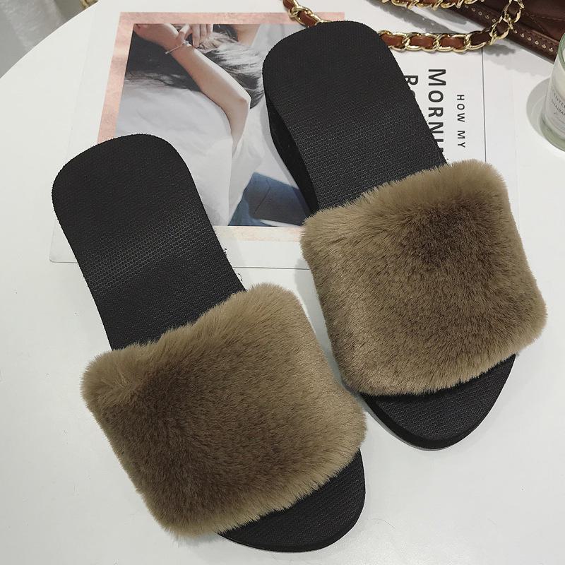 Korean Women's Thick-Soled Fur Slippers: Stylish and Casual, with Wedge Heel, Single-Strap Cotton Design