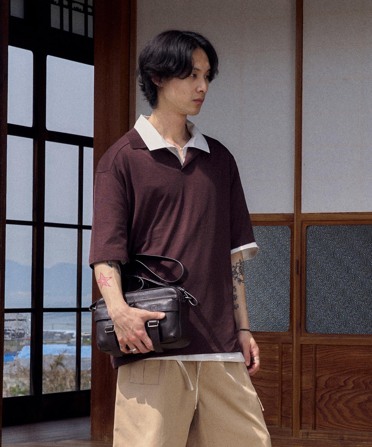 Knit Collar T-Shirt - Dark Brown M