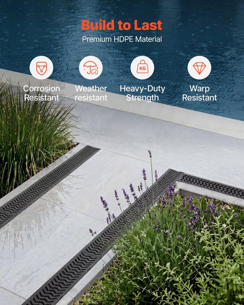 Trench Drain, 1005 x 103 x 62 mm, 6 Pack Linear Drainage Channel, HDPE Channel Drain with Grates & End Caps, Premium Outdoor Drainage System for