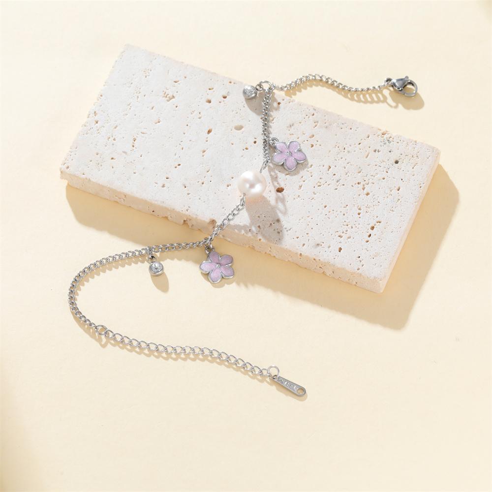 

Daisy Flower Enamel Charms Bracelets Girls Imitation Pearl frangipani Plumeria Spring Summer Hand Chain Jewelry Stainless Steel 1 pc Steel Color