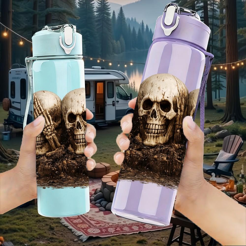 1PC Stacked Human Skulls 750ml Color Plastic Sports Water Bottle Leakproof Flip Straw Lid Suitable for Sports Office Home Use