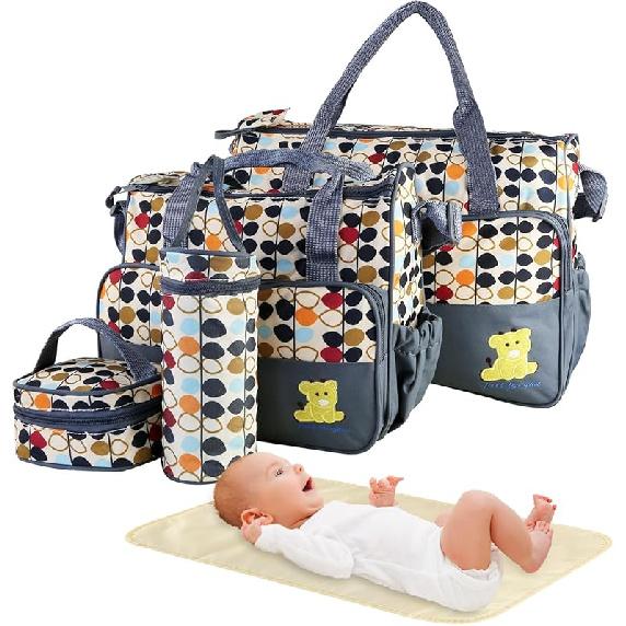 5PCS Baby Diaper Bag Set, baby nappy Handbag with Shoulder Strap, Portable Diaper Changing Bag for Mom Dad