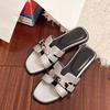 Silver Sandals with Gold Buckle for Women, Retro Peep-Toe Flat Slippers, Perfect for Summer Outing and Beach