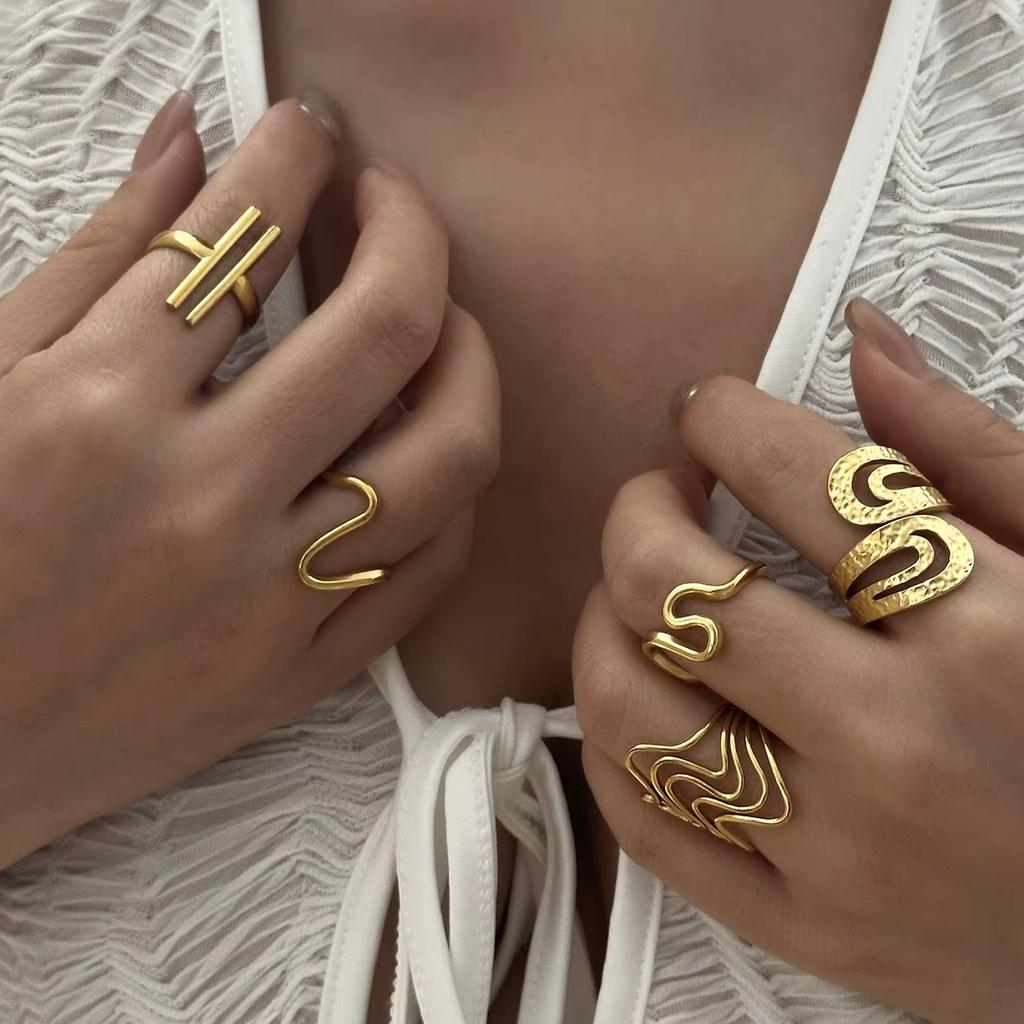 Gold Plated Stainless Steel Geometric Symmetry Line Open Ring for Women Men Line Texture Ring Charms Waterproof Jewelry Gift