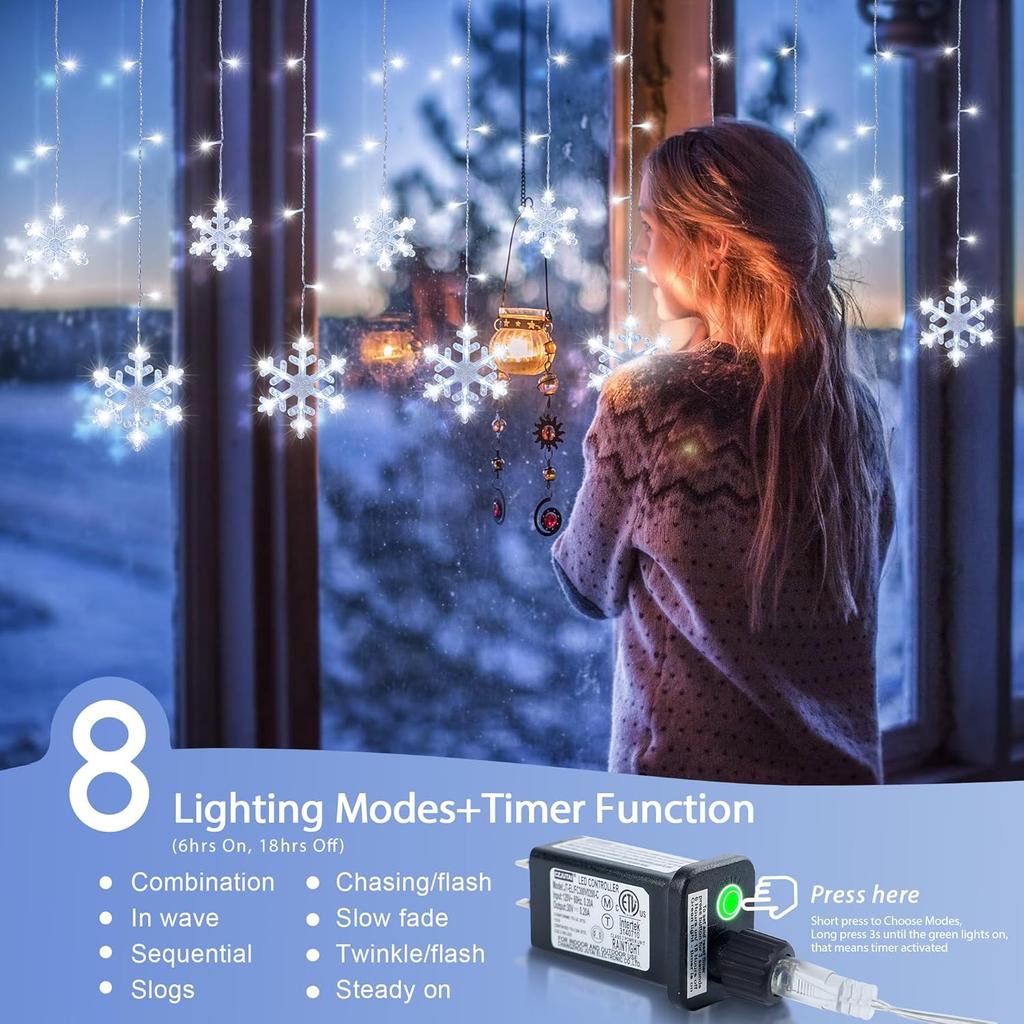 Christmas Snowflake Icicle Lights,6.5ft 144LED Curtain Lights Outdoor with 12 Drops, 8 Modes Waterproof Connectable Fairy Light for Eaves, Garden,