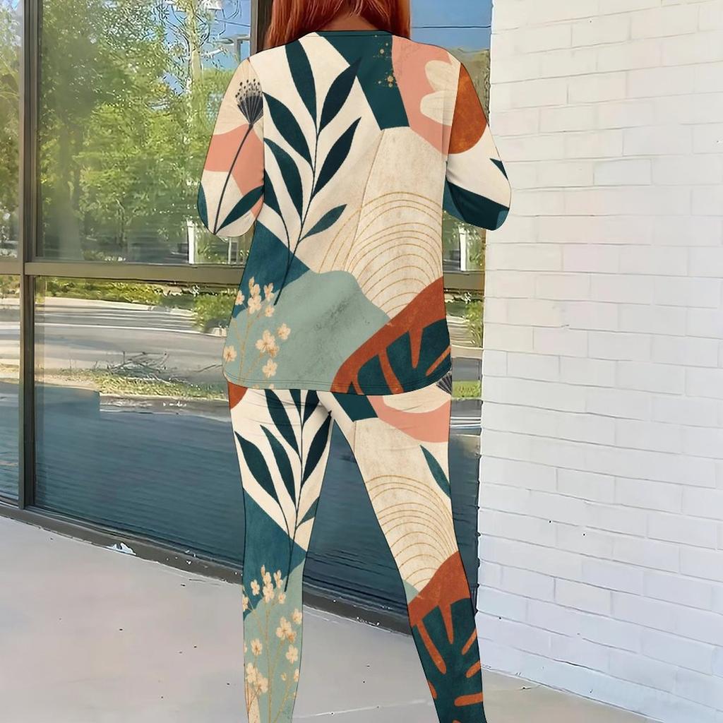 Women Plus Size Round Neck Long Sleeve Leaf Printed Top And Fitted Pants Two Piece Set