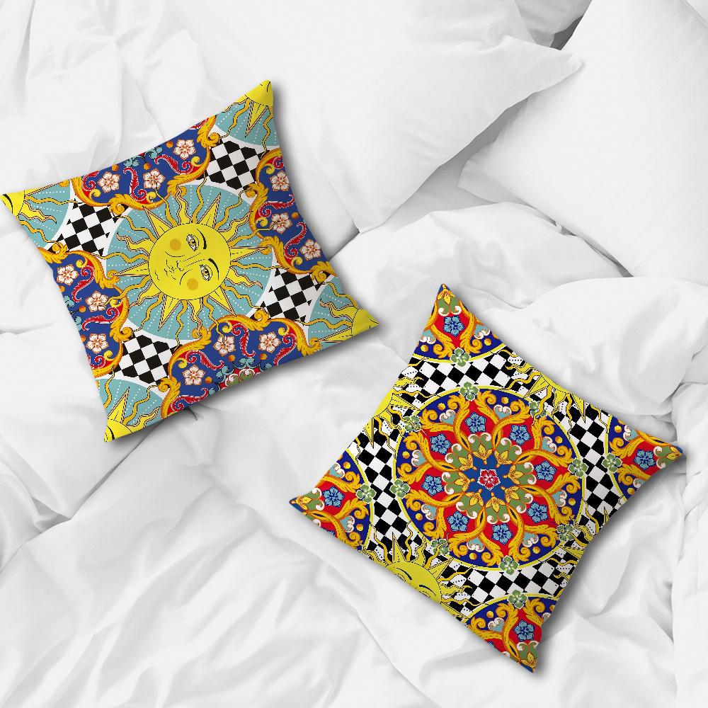 Mode Retro Karomuster Sonne Geometrie Kunst Bequemer weicher Kissenbezug für Sofa Wohnzimmer Heimbüro Deko Schutzhüllen
