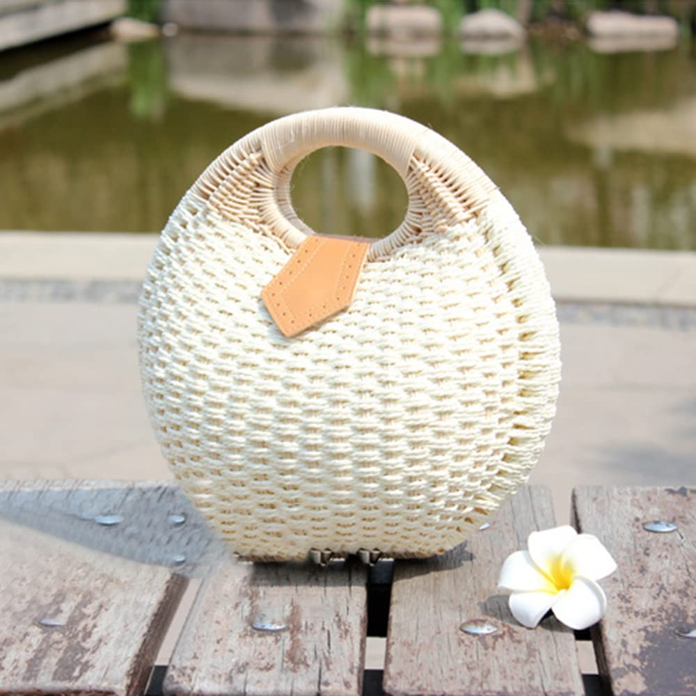 Bolsa Cesta Muzhilun de Palha Trançada, Redonda, Feita à Mão, Fofa, Feminina, Estilosa, Grande Capacidade, Bolsa de Verão, Perfeita para Praia, Festivais de Fogos de Artifício,