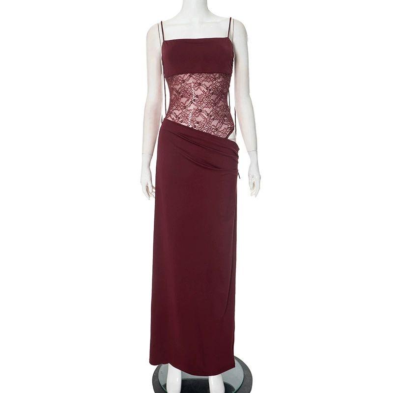 Elsa European and American Women Clothes 2025 Spring and Summer New Ins Style Sexy Lace Sling Rope Waist-Exposed Hanging Neck Dress
