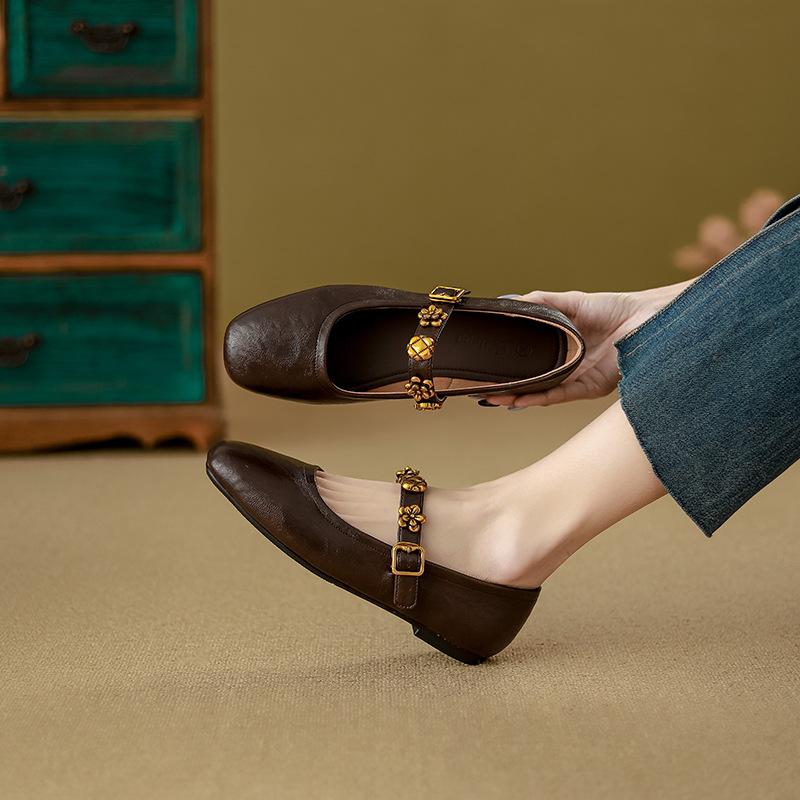 Soft Sheepskin~ Retro Mary Jane Shoes for Women's 2025 Spring and Summer New Shallow Single Shoes Flat Bottom One-word Buckle Small Leather Shoes