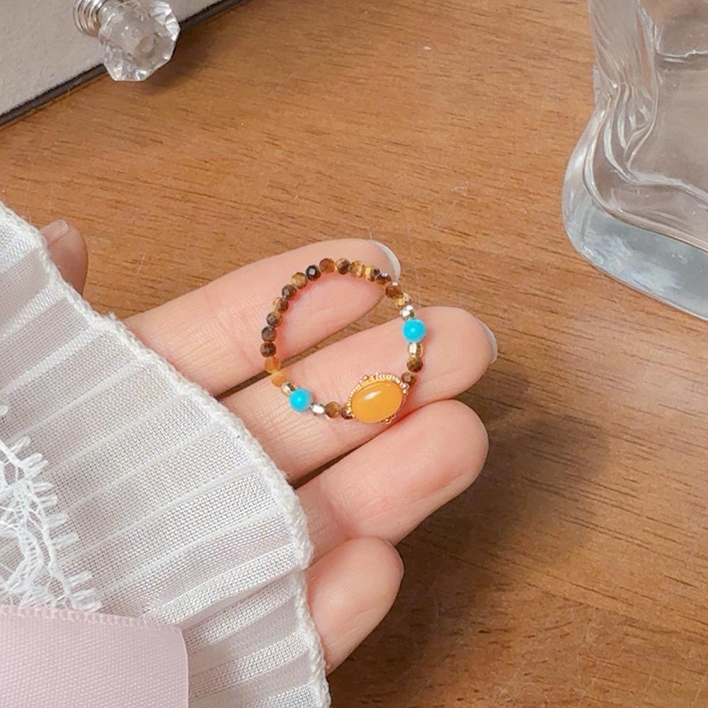 Women's Amber Agate Ring: Chinese Style, Wealth-Attracting, Tiger Eye & Lapis Lazuli, Versatile & Stylish